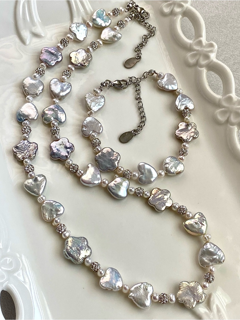 S70-Handmade High Quality Blue Silver Luster Necklace And Bracelet Set